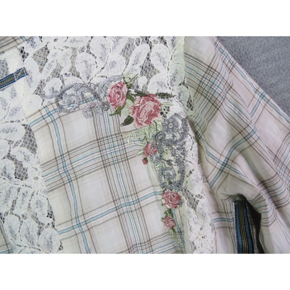 Johnny Was Shirt  XS Plaid Lace Floral‎ Trim Chic Cottage Core Boho Embroidered - Picture 7 of 16